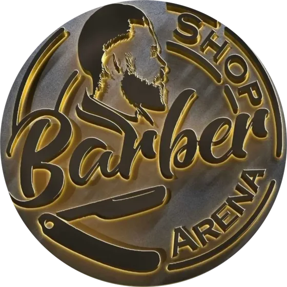 Logo von Barber Shop Arena: Barber mit Bart, Rasiermesser, Schriftzug Barber Shop Arena, hinterleuchtet